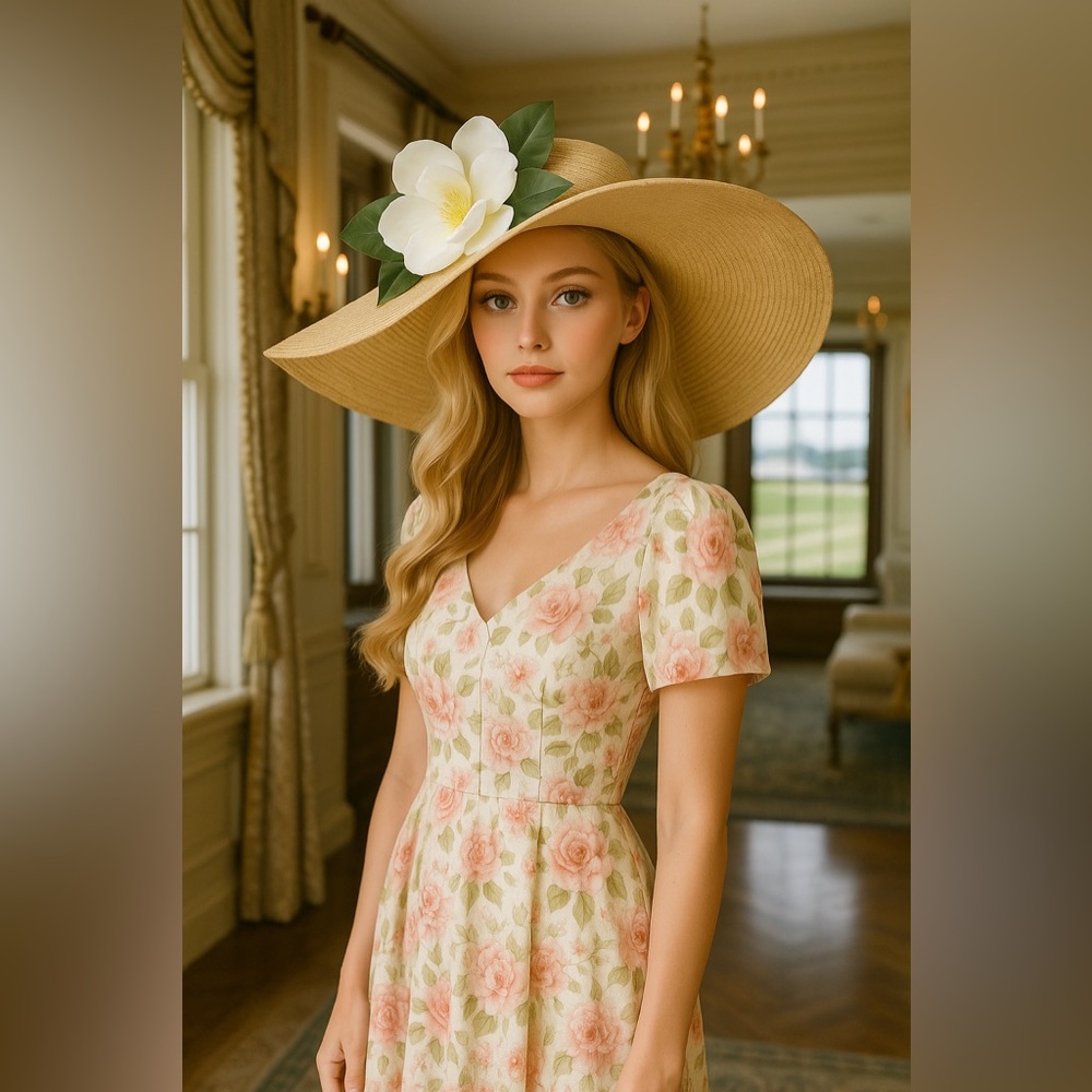 Breathable Wide-Brim Straw Sun Hat with White Floral Accent - Women's Beige